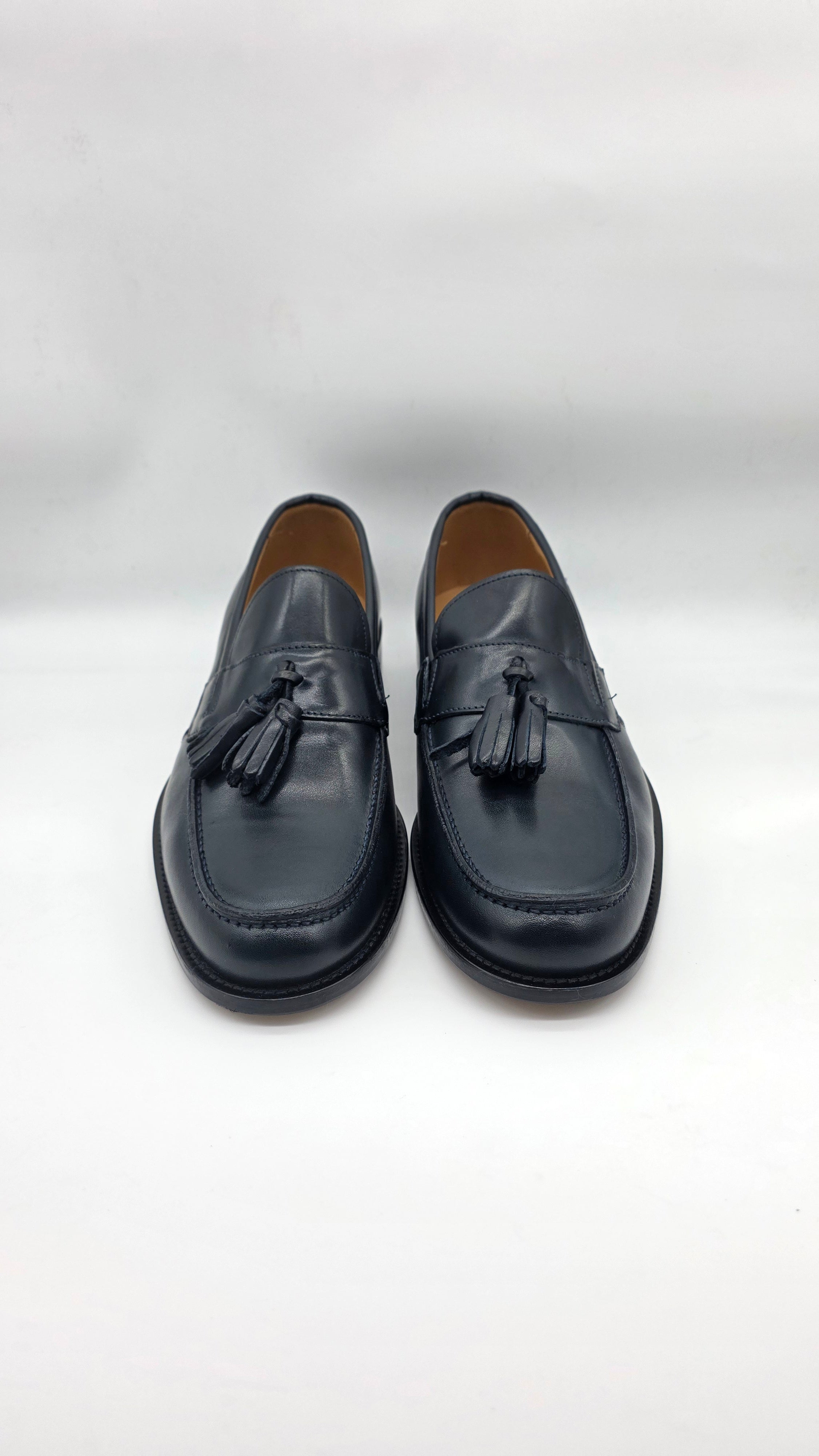 Loafer da uomo in vera pelle blu , fondo cuoio cucitura blake