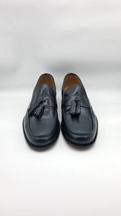 Loafer da uomo in vera pelle blu , fondo cuoio cucitura blake